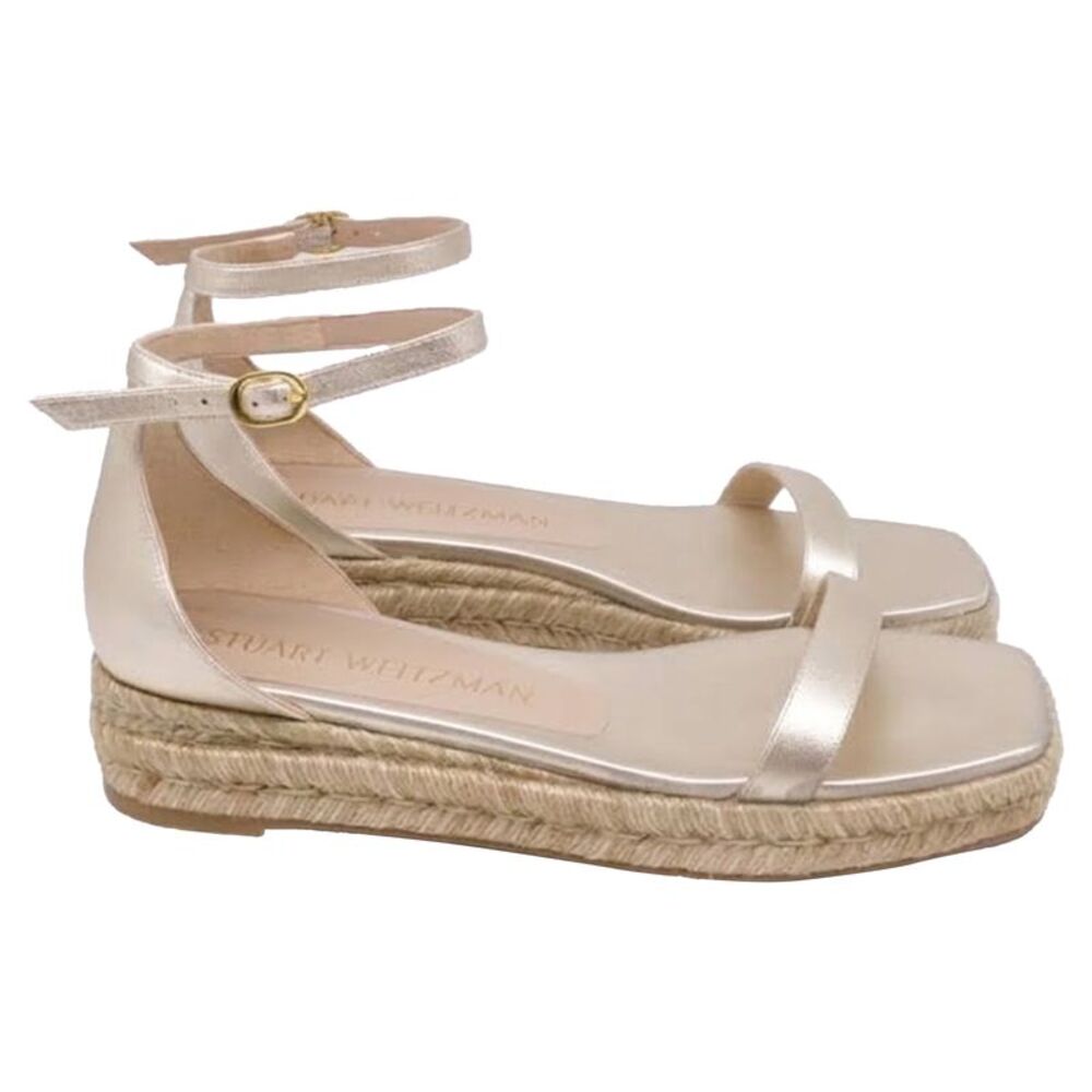 Stuart Weitzman Nudistcurve Espadrille Flat Sandals in Metallic Gold Leather
